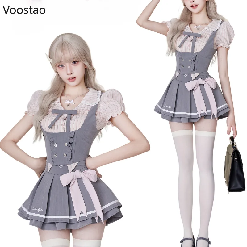 Japanese Kawaii Lolita Style Skirt Set Women Preppy Style Puff Sleeve Striped Shirt Vest Mini Pleated Skirts Suit Sweet Uniform