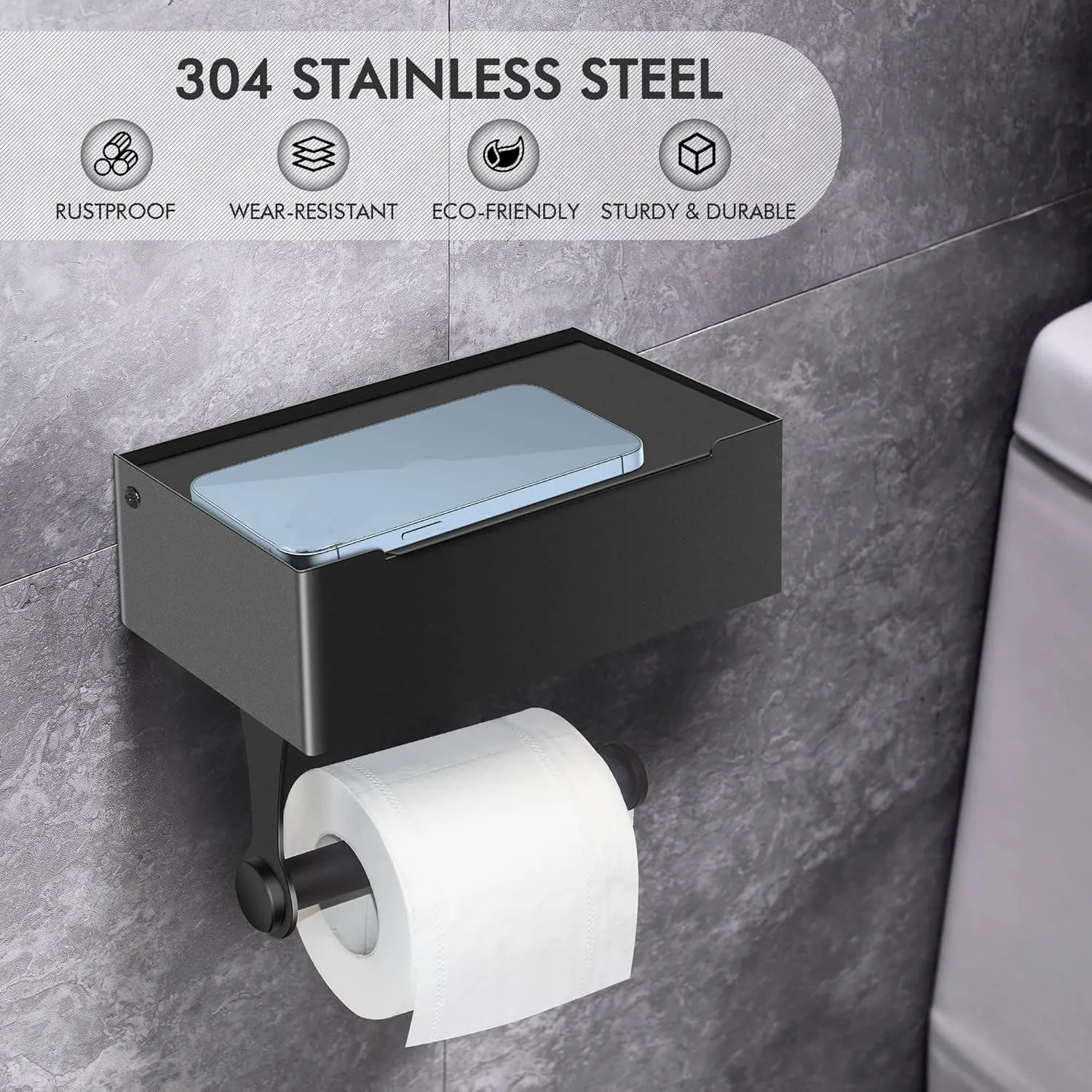 1pc Toilet Paper Holder with Shelf - Matte Black Stainless Steel Rust & Corrosion Resistant Wipes Holder