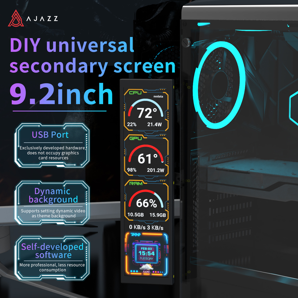  Ajazz AKP02 Aluminum Alloy 9.2-Inch DIY Universal Secondary Screen With Various Customizable Designs Suitable For Windows 7 