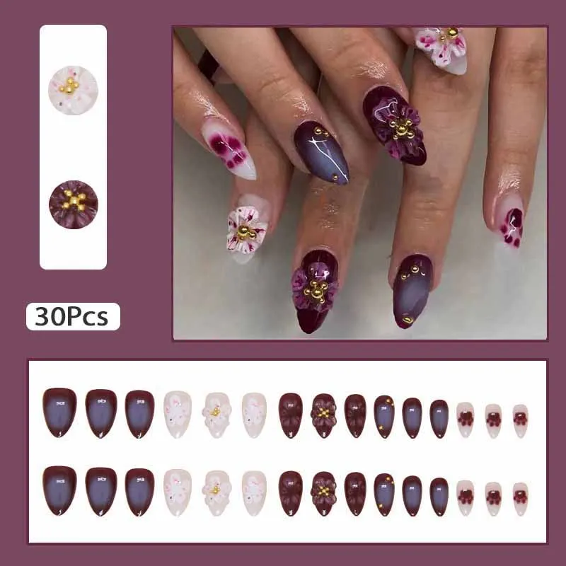 30 Pcs 3D Peach Blossom Cat Paw Fake Nails Nail Art Press on Nails Detachable Nails Piece with 1 Jelly Gel and 1 Nail File