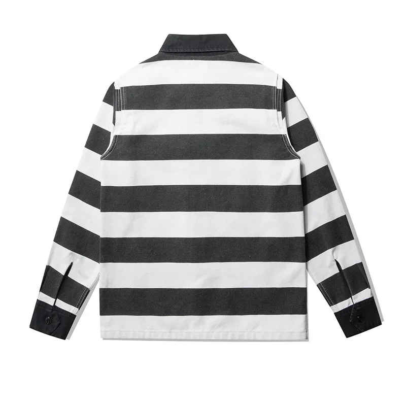 16oz Heavyweight Men Striped Jacket Canvas Motorcycle Coat Outdoor Trekking Riding Camping Tooling Overalls Prisoner Costume