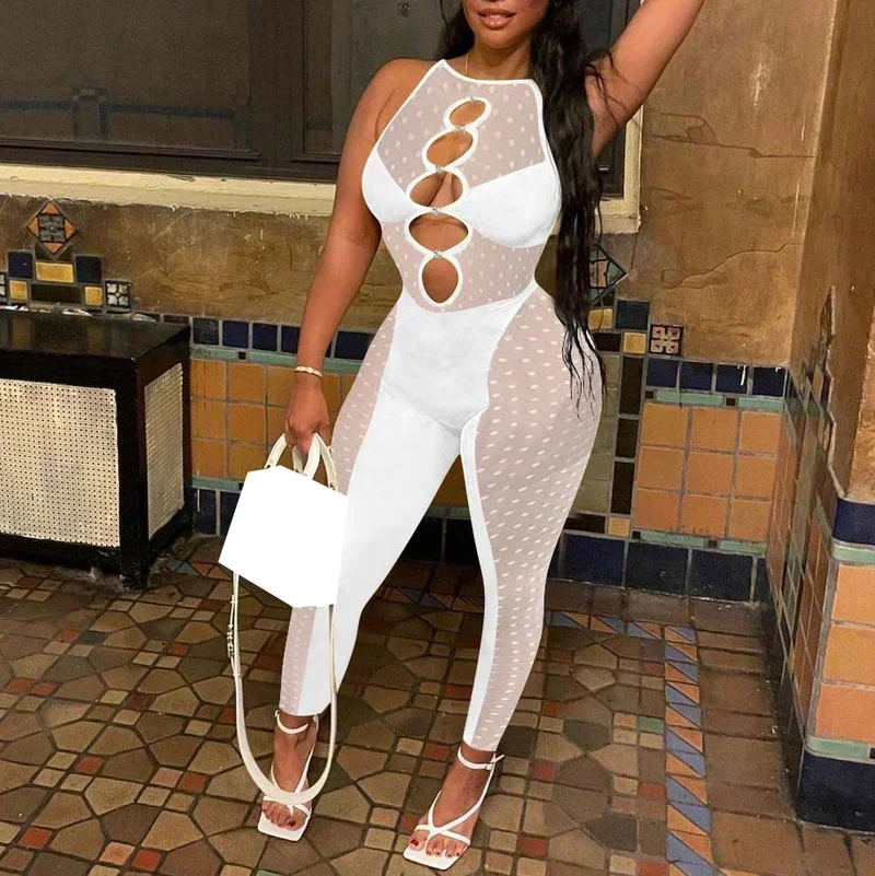 

GUWU Polka Dots Print Mesh Patchwork Tank Party Jumpsuit Women Sexy Hollow Out Sleeveless Skinny Night Club Overall