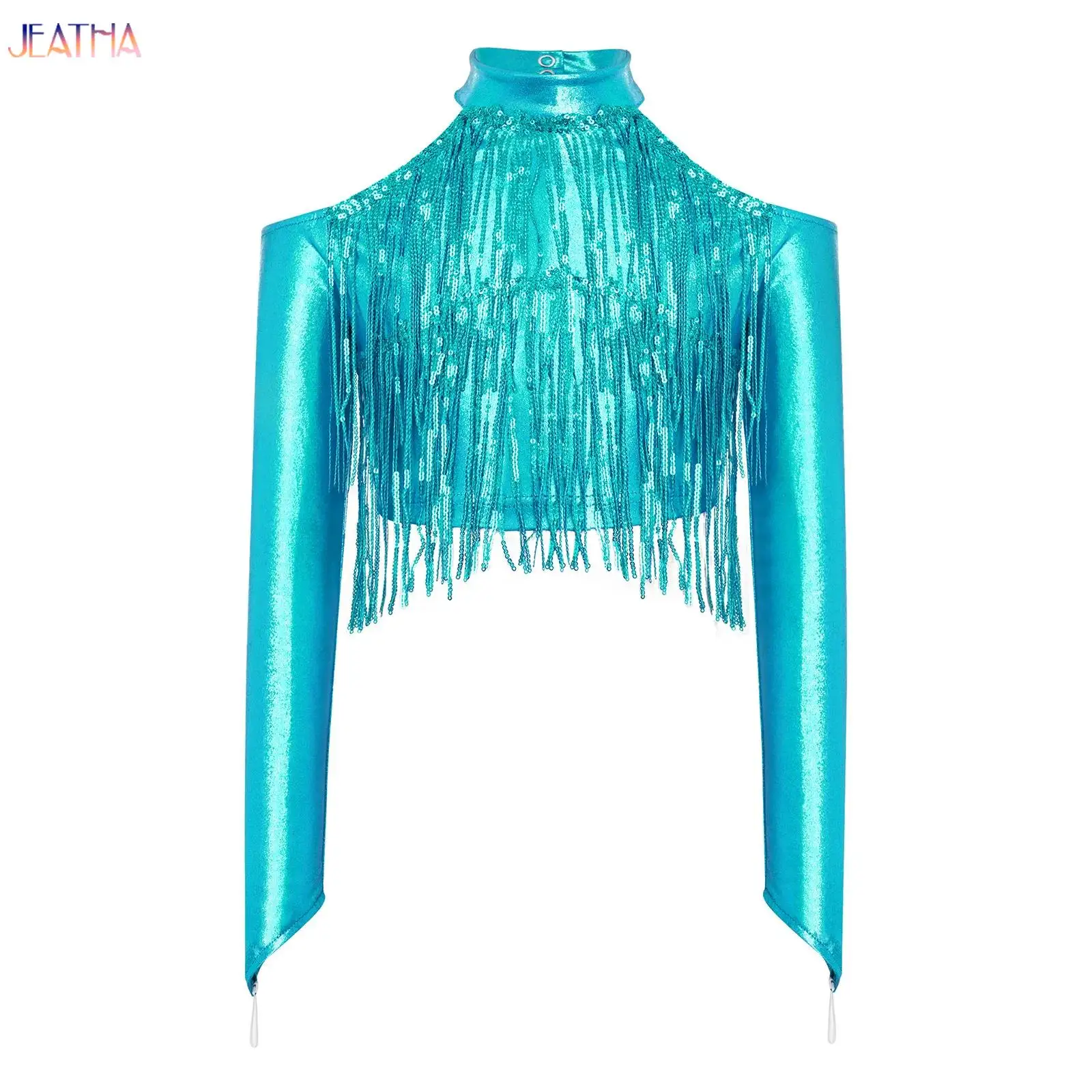 

Kids Girls Long Sleeves Off Shoulder Metallic Tops Cowgirls Crop Top For Ballet Jazz Street Dancing Performance Gymnastics