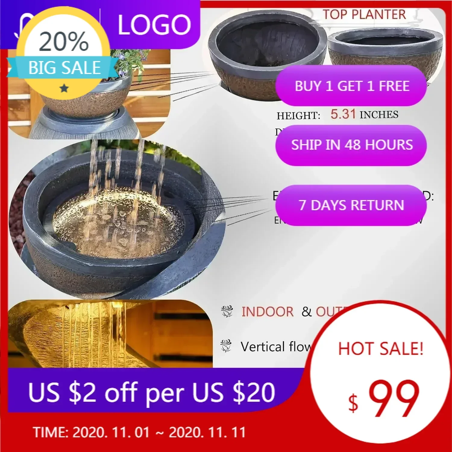 

Бестселлер: S-образный уличный фонтан 31,9 дюйма – современный каскадный водопад с LED-подсветкой и кашпо