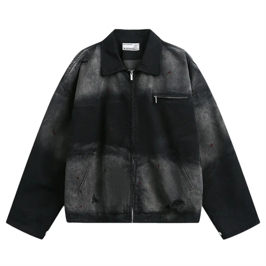 

Mens Ripped Hole Denim Jacket Streetwear Punk Graffiti Black Grey Gradient Jeans Jackets Men 2025 Spring Harajuku Hip Hop Coats