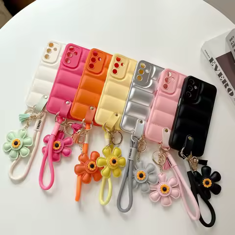 Sunflower Down Jacket Lanyard Case For Xiaomi Poco C75 C65 C61 C50 C51 C55 F3 F4 F5 X5 X6 X7 Pro M6 Plus M7 5G Wrist Strap Cover