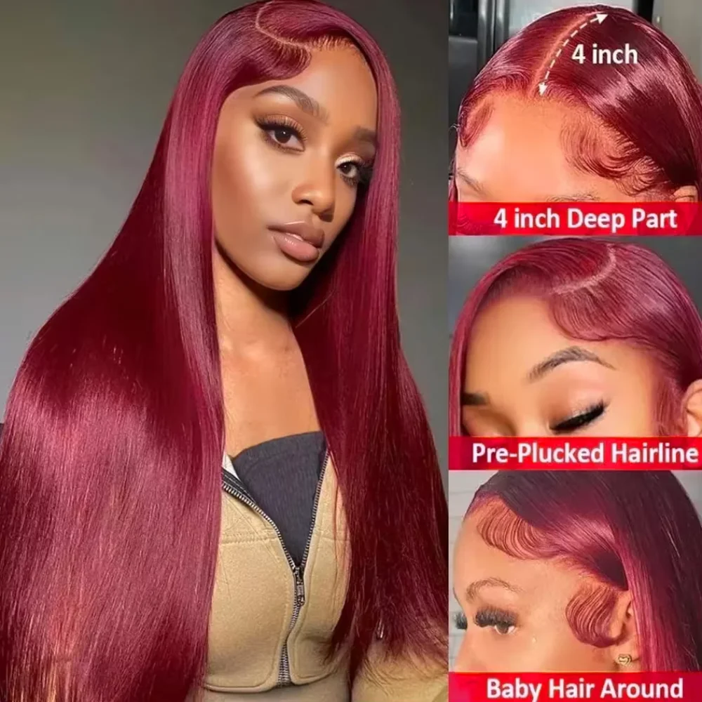 200 Density Burgundy 99J Straight Hair Front Wigs 13x4 13x6 HD Lace Frontal Human Hair Pre Plucked Red Colored Wigs for Women