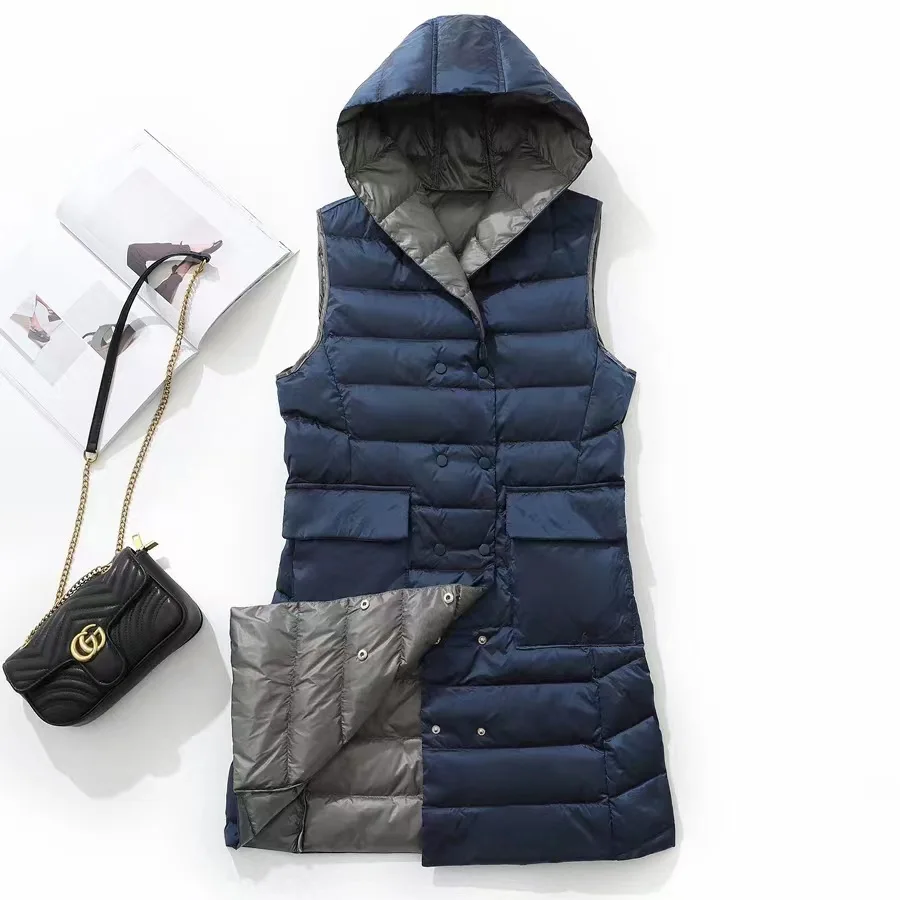 Women Sleeveless Plaid Hooded Down Waistcoat Coat Warm Light White Duck Down Vest Parkas Ladies Double Breasted Long Tank Jacket