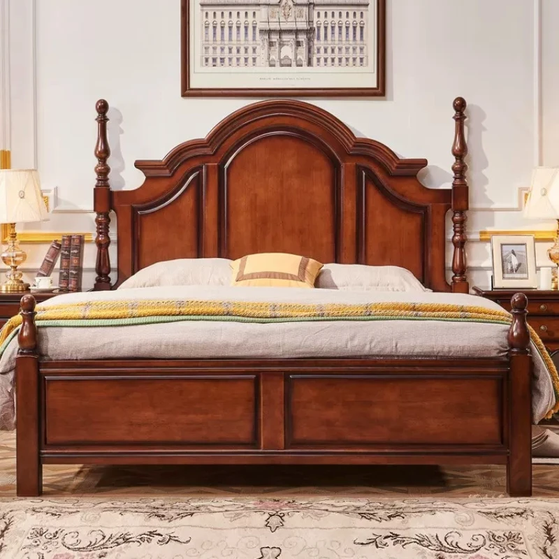 American retro old 1.8m master bedroom double solid bed French single 1.5m Roman column high box oak bed.