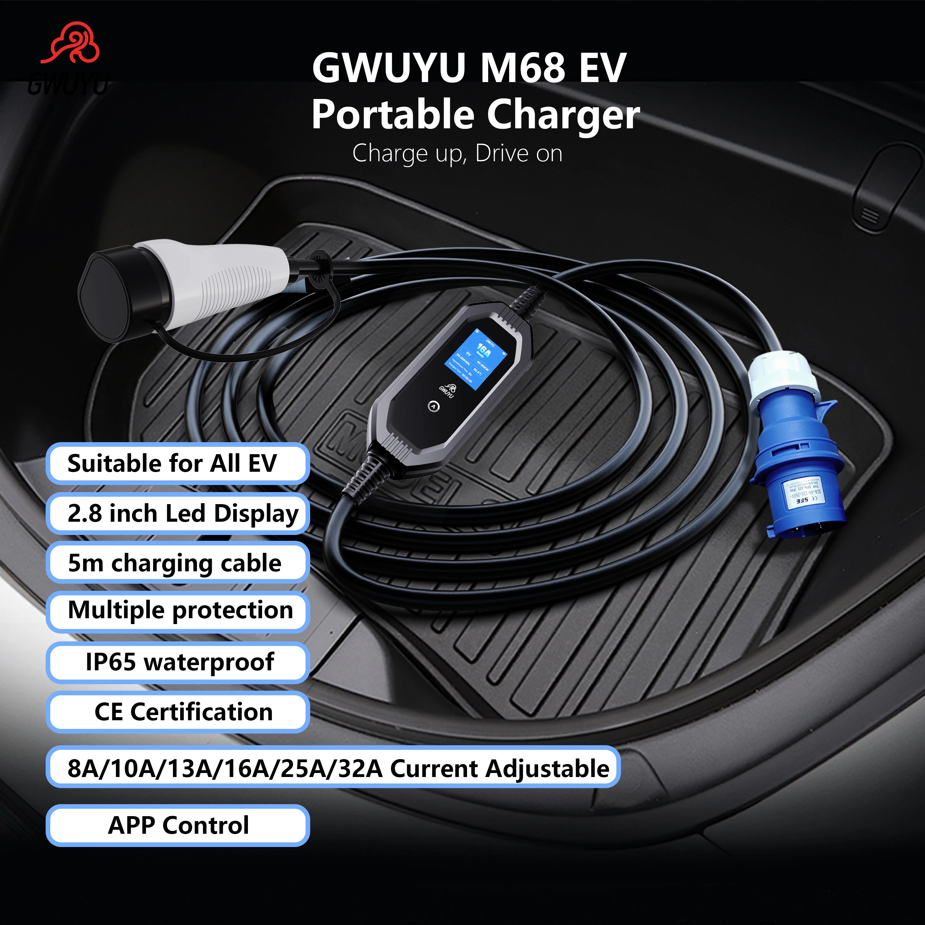 GWUYU 7000W Portátil Type2 IEC62196-2 EV Carregador Type1 SAE J1772 Carregador de Carro Elétrico GBT EVSE Cabo de Carregamento Wallbox Plugue UE