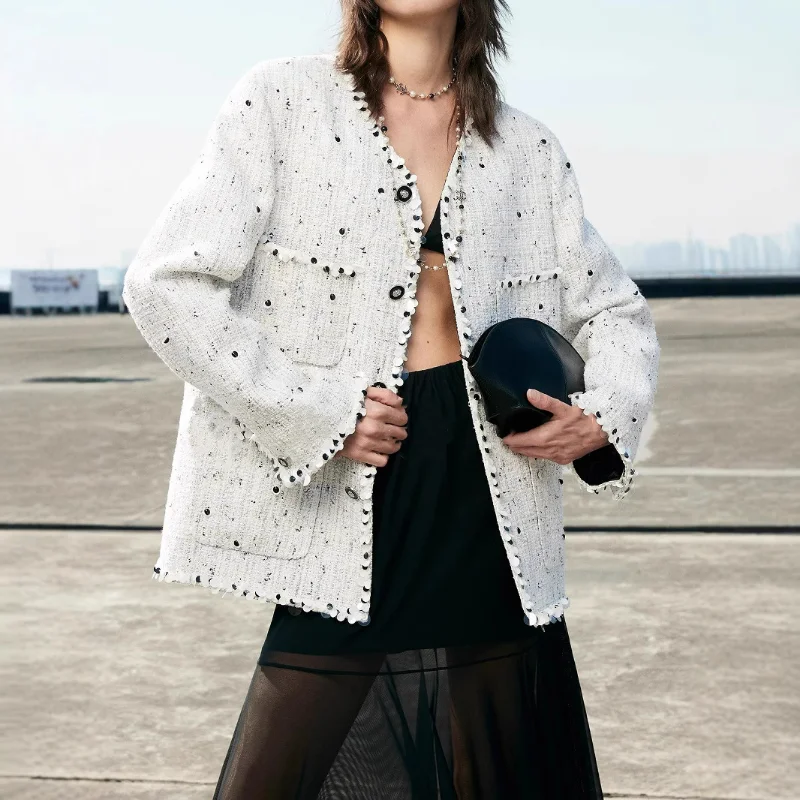 

Women Spring Tweed Wool Blends Casual White Coats Fashion Jackets Clothing Design Sense Niche Pocket Temperament Tops V-neck