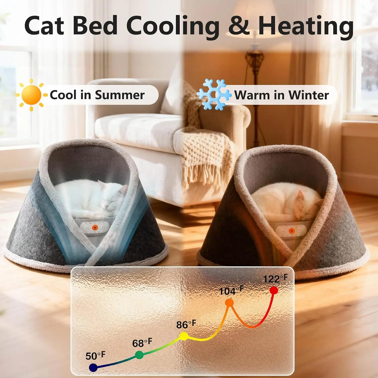 Heated & Cooling Cat Bed with 5 White Noise Modes, Cat Cave Bed with Mat Smart Temperature Control, Indoor Cozy Bed for Small an