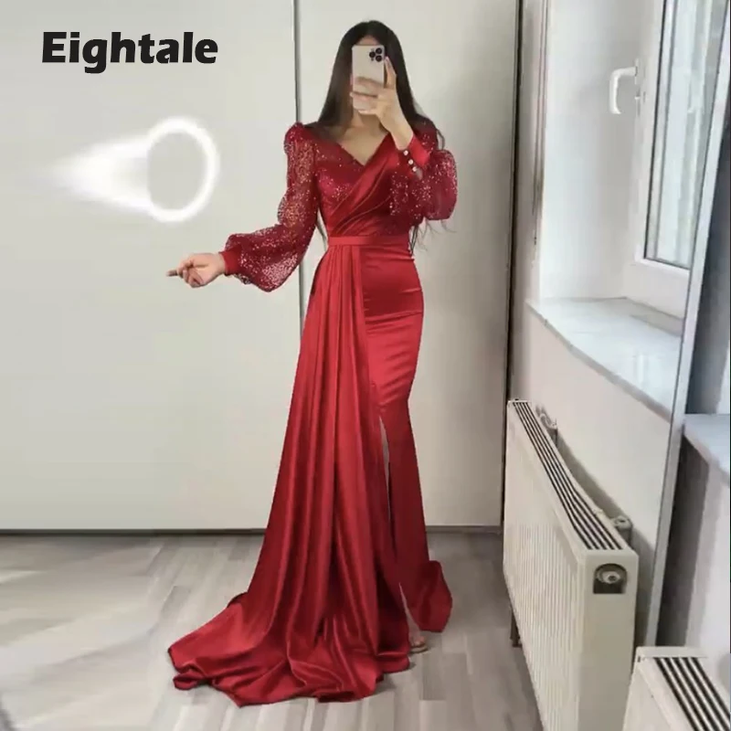 

Eightale Red Mermaid Evening Dresses V-Neck Glitter Prom Gown with Long Puffy Sleeves Satin Wedding Party Dress vestido feminino