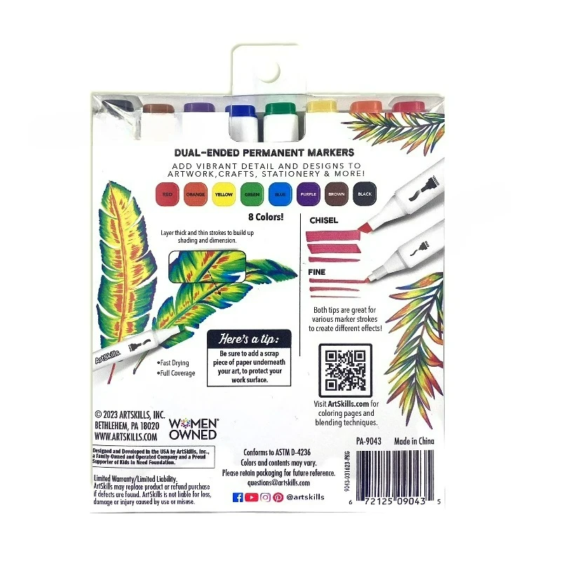 Dual Tip Markers, 8-Pack, Fine & Chisel Tips, Assorted Colors for Drawing & Art Projects