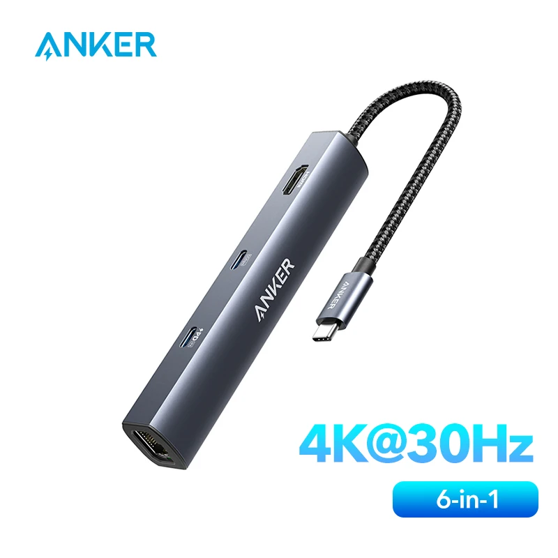 Anker USB C Hub, PowerExpand 6-in-1 USB C PD Ethernet Hub with 65W Power Delivery, 4K HDMI, 1Gbps Ethernet，2 USB 3.0 Data Ports