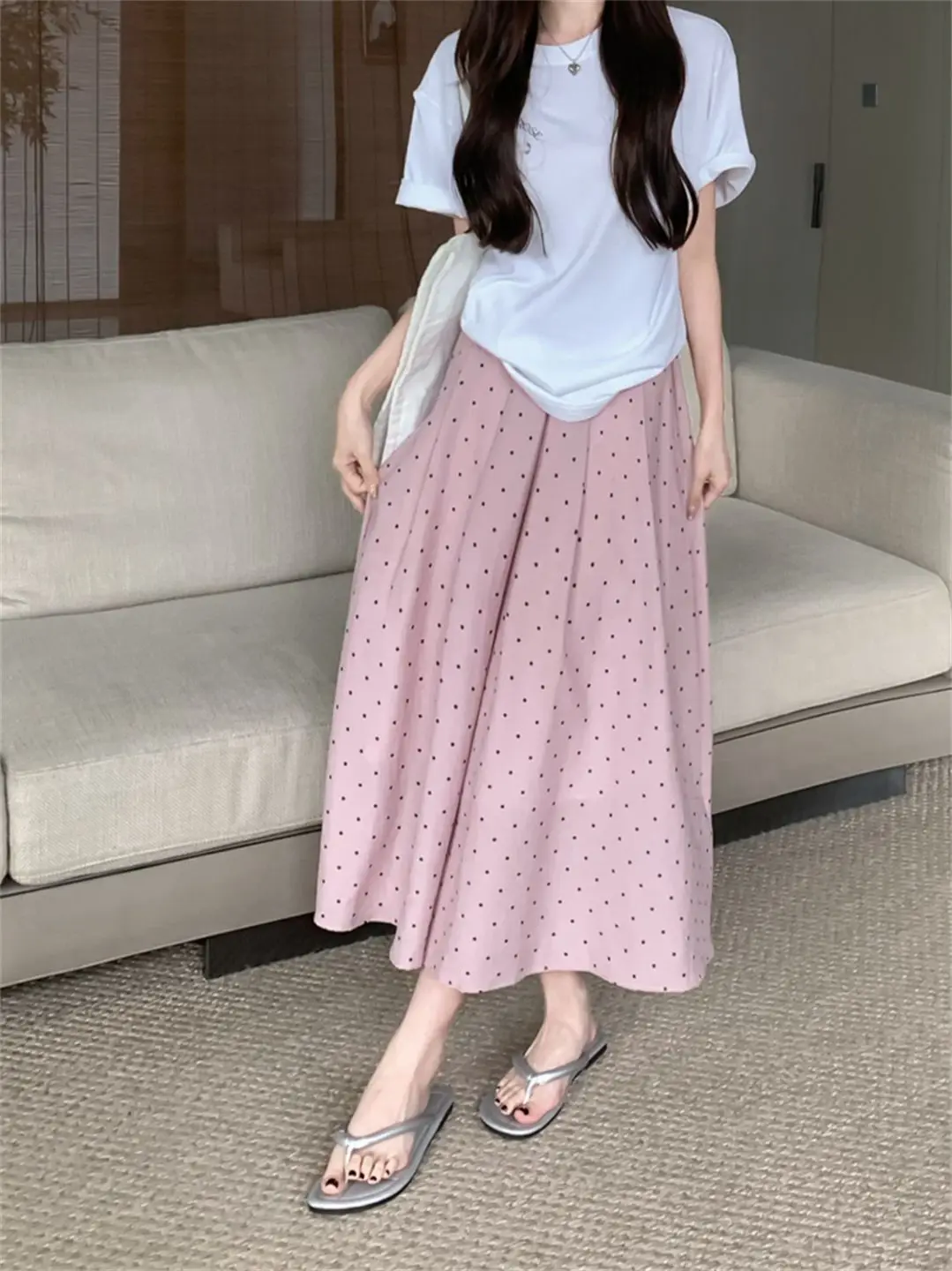 

2026 Female Loose Casual Skirts Summer New High Waist A-line Skirts Women Fashion Midi Long Polka Dot Thin Skirt U113
