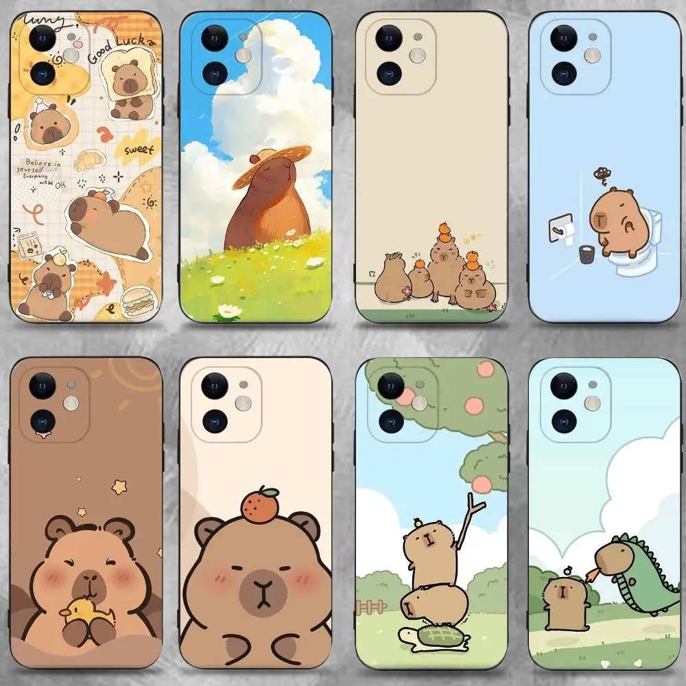 

Cute Capybara Phone Case For iPhone 16,15,14,13,12,11 Plus,Pro Max,XS,X,XR,SE,Mini,8,7,Soft Silicone Black Cover