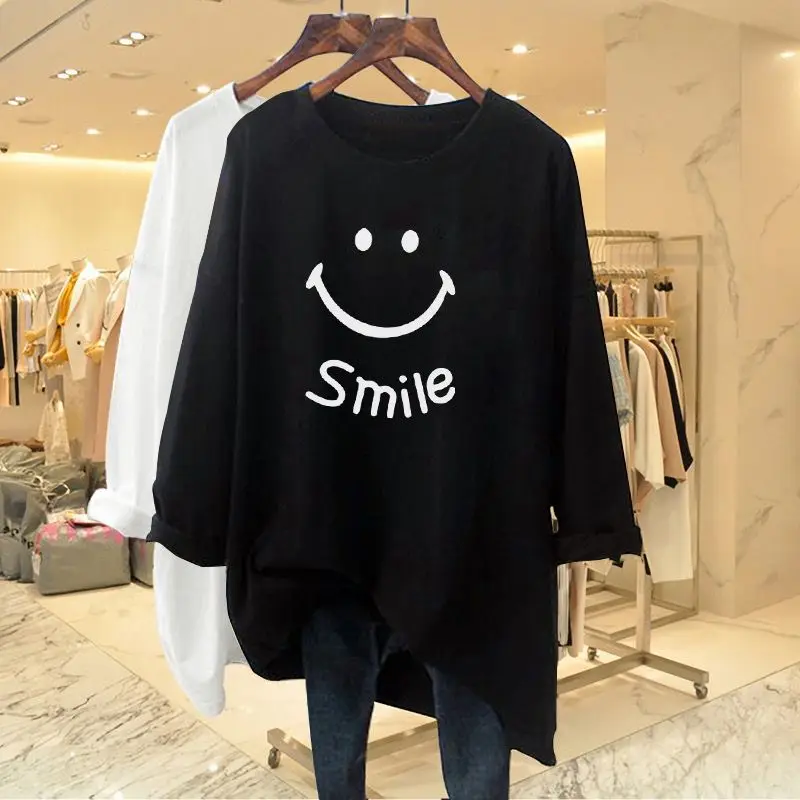 Women Clothing European Style Oversized Pure Cotton T-shirts Autumn Casual Loose Chic Printing Top Tee Lady All-match Pullovers