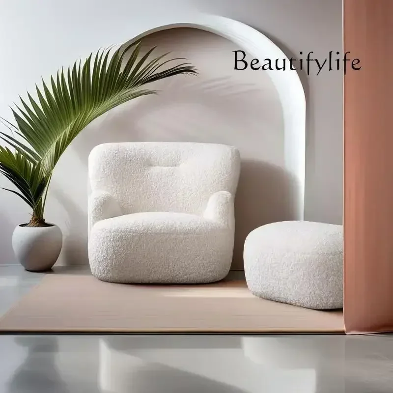I S Cream Wind Lamb Wool Single Sofa Chair Living Room Bedroom Curved Small Apartment Light Luxury Leisure Chair