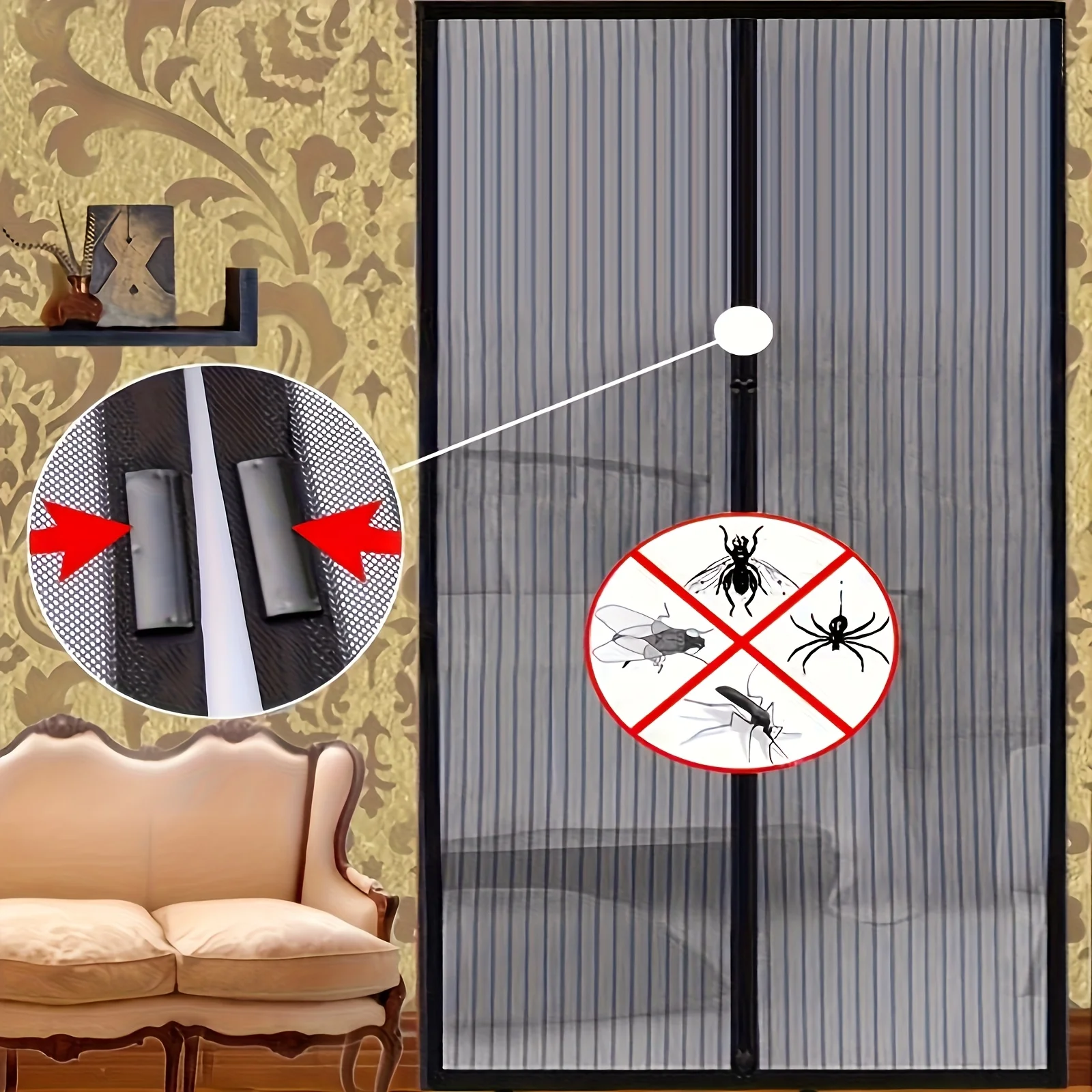 Magnetic Screen Door , Mosquito-Proof, Hands-Free Entry And Exit, Lightweight Linen Material, Space-Themed Decoration