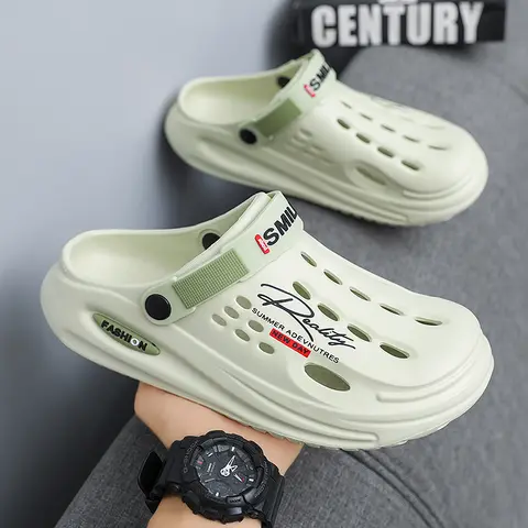 남성 여름 야외 착용 가능한 구멍 신발 사무실 슬립 온 하프 슬리퍼 미끄럼 방지 탈취제 비치 스포츠 샌들 편안한 슬리퍼