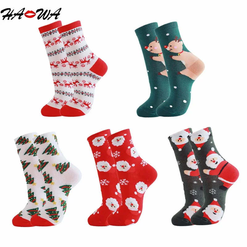 

HA WA 3/5 Pairs Men/Women Christmas Socks Cotton Novelty Holiday Cylindrical Mid-calf Socks For Xmas Gift