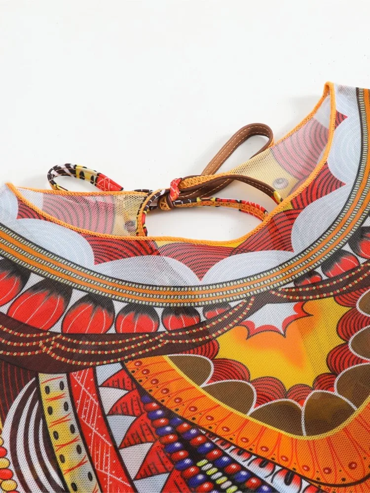 Mesh Retro Bikini Gedruckt Mode Badeanzug Und Cover Up Mit Rock Enge frauen Bandage Sommer Strand Luxus Elegante 2025