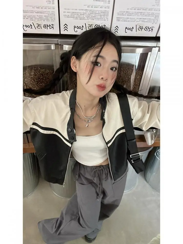 Tonngirls Leather Jacket Women Casual PU Y2k Vintage Jackets Female Patchwork Streetwear American Retro Locomotive Coat Leather