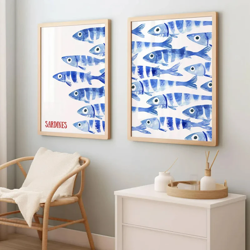 

Japanese Style Blue Sardines Fish Canvas Poster Prints Funny Cute Art Style for Kitchen,living Room Wall Art Home Decor Poster