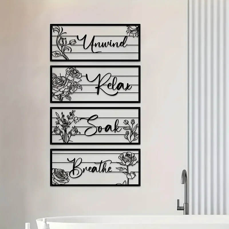 CIFBUY Metal Wall Art Decor Iron Sculpture Relax Bath Breathe Floral Design Set Bathroom Spa Home Accent Gift