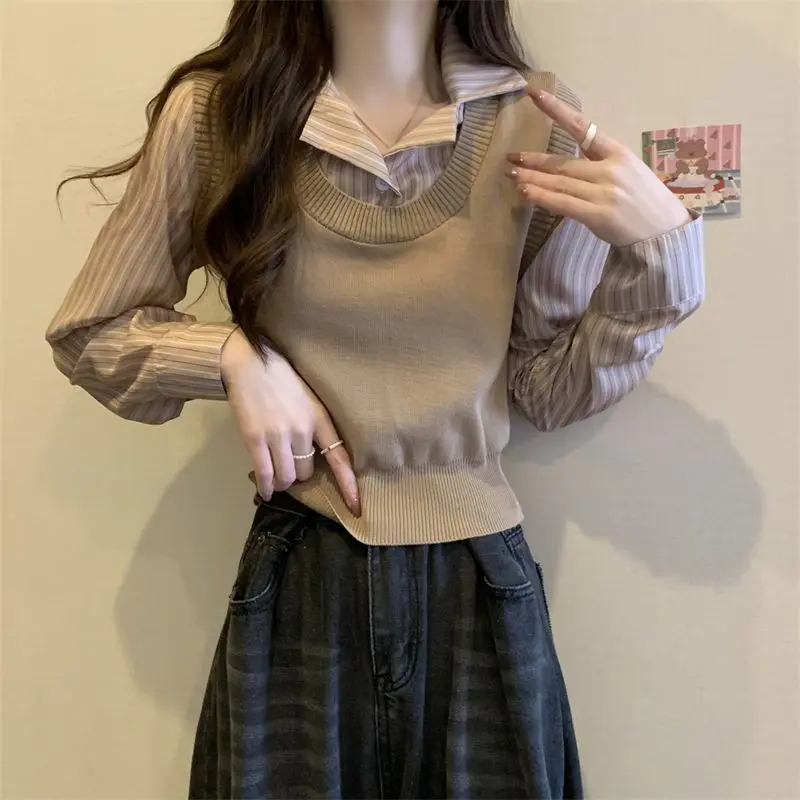 Spring Autumn Fake Two Pieces Sweater Women Fashion Turn-down Collar Long Sleeve Button Pullovers Elegant Striped All-match Tops