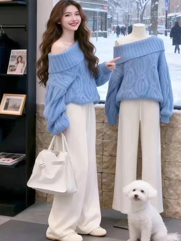 

Korean Sle Loose Fit oulder Bared Knitted Sweater Women's Autumn Winter Comfortable Long Sve Warm Pure Color Top