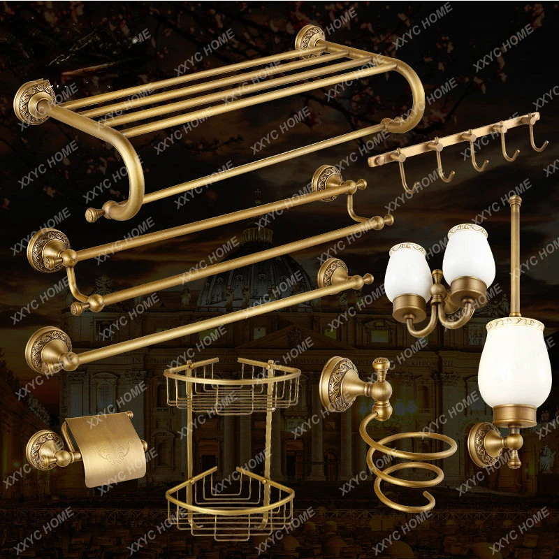 

Carved Brushed Bathroom Hardware Sets Wall Mounted Bathroom Products Brass Towel Ring Bathroom Accessories Set HQ