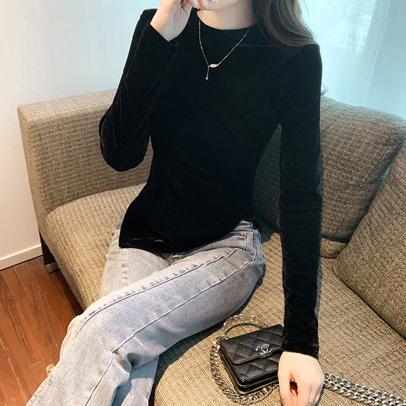 Autumn Winter Korean Slim Solid Color Irregular Tops Women\'s Clothing Fashion Round Neck Commute Simplicity Long Sleeve T-shirt
