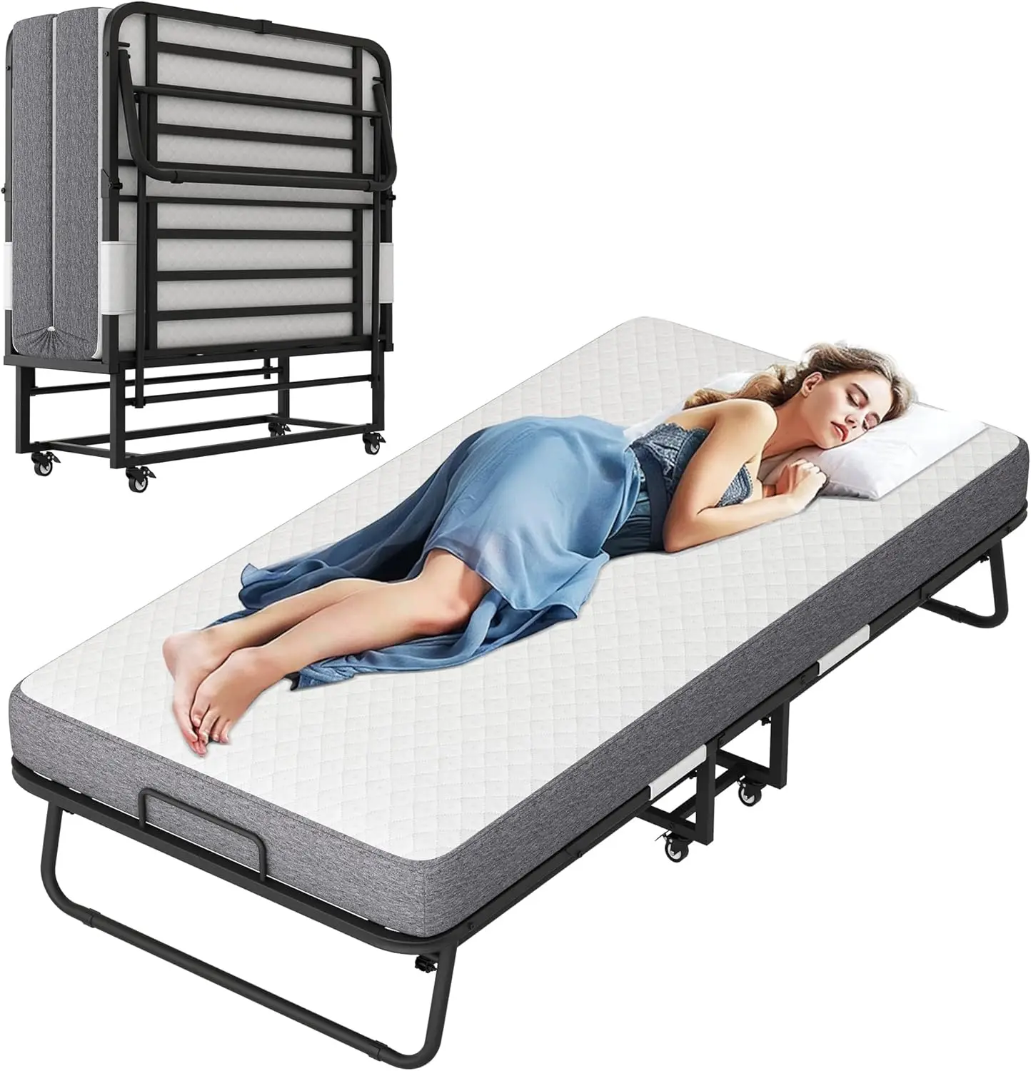 Folding Bed With Mattress, 75''X46'' Large Rollaway Bed With Upgraded Rugged Frame, Guest Bed Portable Foldable Bed For Adults,