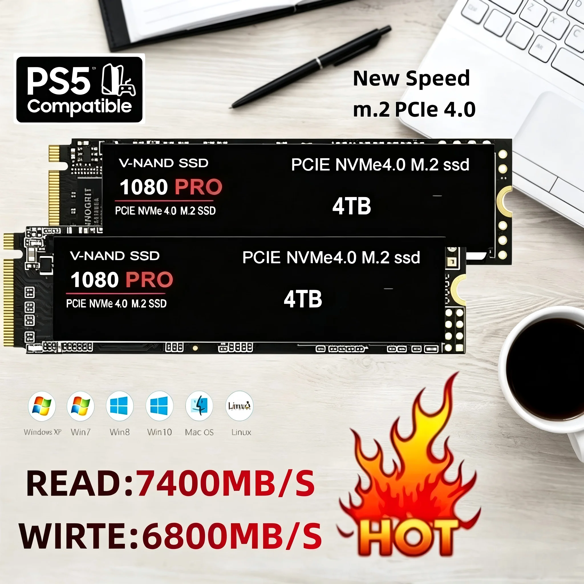 2280 M.2 NVMe SSD 1080 990 PRO 4TB High Performance Solid State Drive, PC and PS5 Storage Upgrade for Gaming Notebook & Desktop