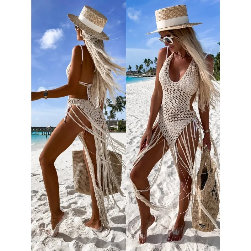 Sexy Bathing Suit Women White Knitted Beach Dress Halter Cover Up for Swimwear Woman Bikini Cover-Up Tassel Beachwear 2024 Trend