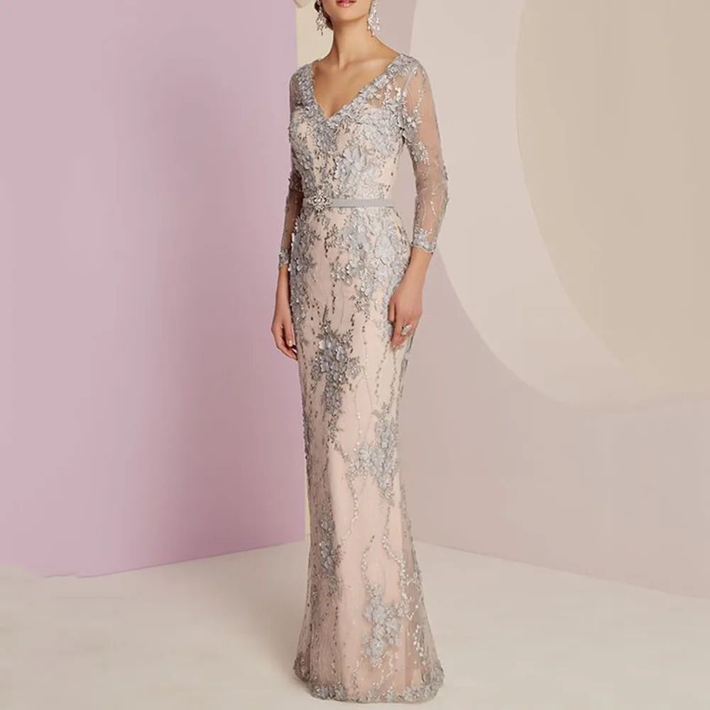 Vestido elegante de tres cuartos para madre de la novia, traje con cuello en V, largo hasta el suelo, apliques de encaje, fiesta de boda, personalizado