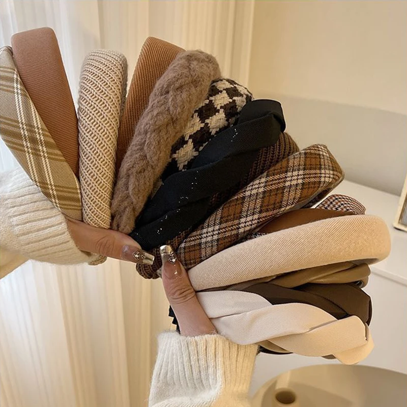 

Модная винтажная эластичная повязка для волос с решетчатым принтом, повязка на голову из губки, женская широкая боковая повязка для волос для девочек, обруч для волос, женские аксессуары для волос