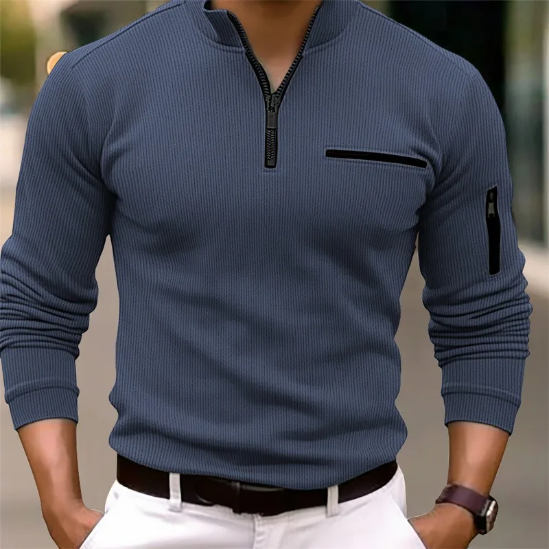 Men\'s polo shirt Casual striped cotton blend stand collar pocket arm zipper outdoor sport solid color long sleeve T-shirt top