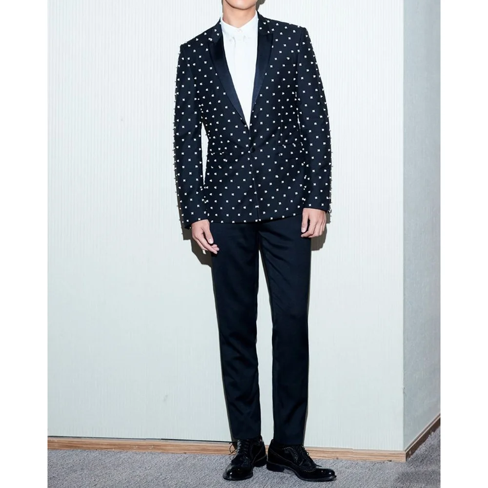 

Black Polka Dot Peak Lapel Fashion Men's Suit Set Dinner Party Daily Social Commute 2 Pieces Blazer+Pants