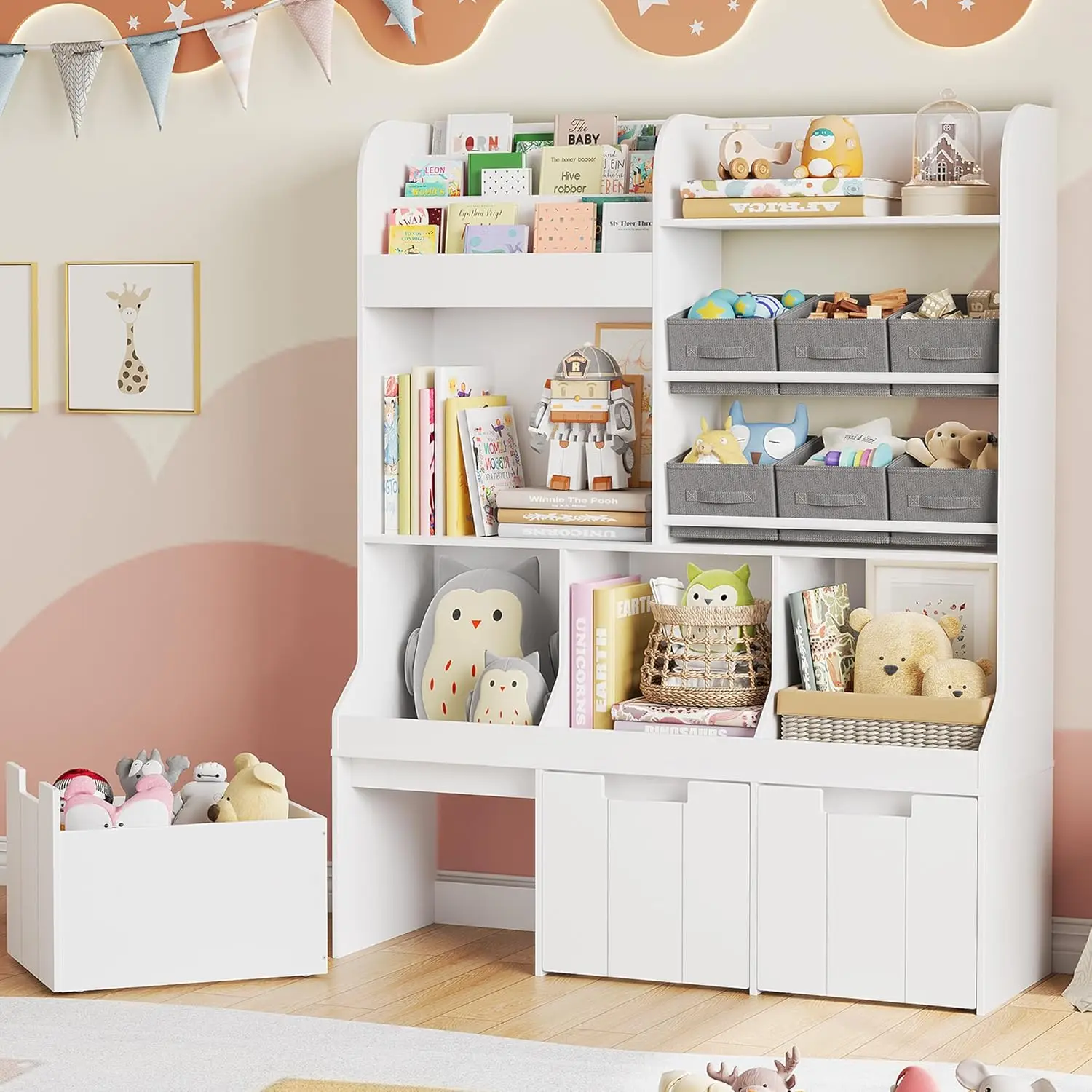 with Rolling Drawers, Kids Bookshelf and Toy Storage with 6 Fabric Drawers, Floor Storage Cabinet Toy Chest for Kids Room, Playr