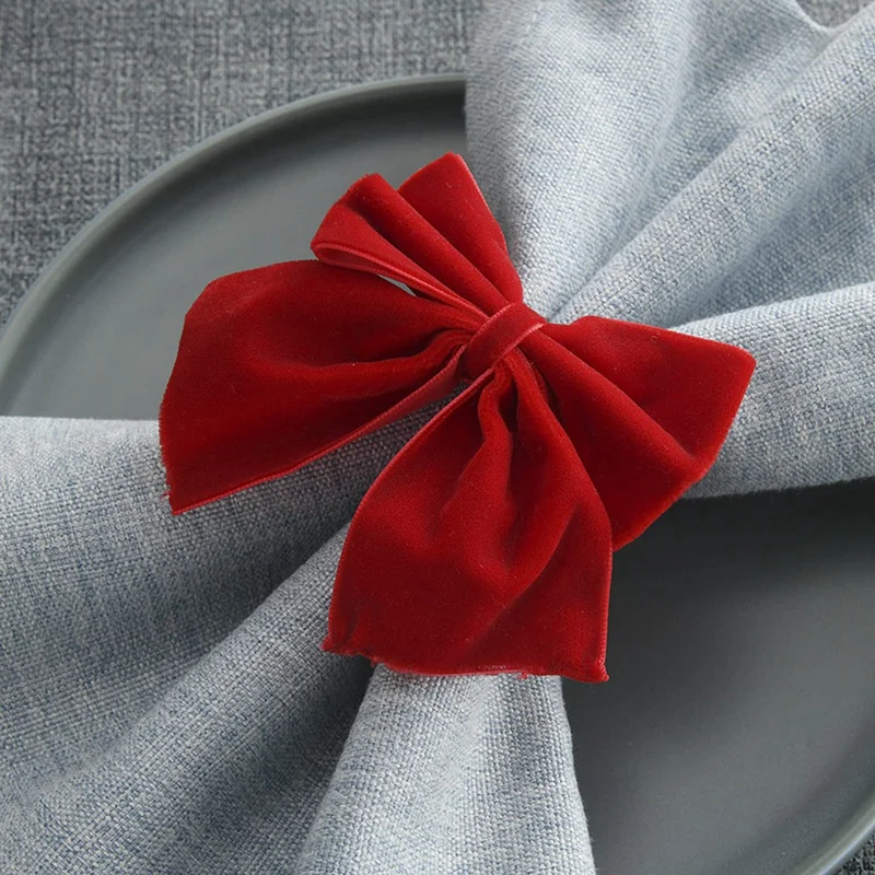 8 Red Bow Napkin Holder Rings, Velvet Bow Xmas Napkin Holder Buckle Table Decoration For Christmas Holiday Party Dinner Durable image 6