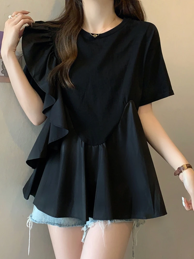 

Beautiful Women's Summer Shirt Pleated Hem Chiffon Top Slimming Concealing Large Size Design Korean Style round Neck Short Sl...