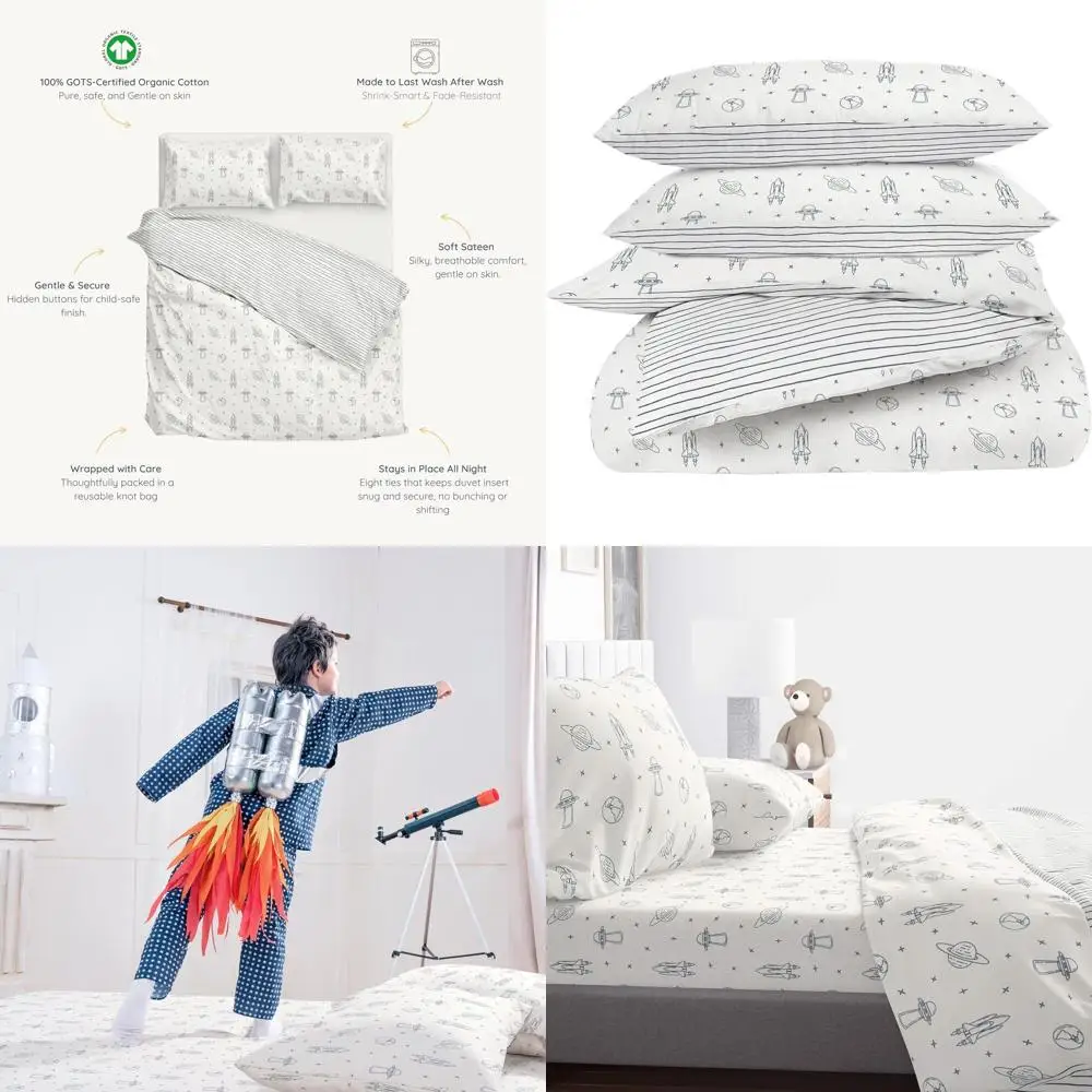 Juego de funda nórdica de algodón orgánico certificado: Full/Queen, reversible, suave y transpirable, astronauta/rayas azul marino (paquete de 3)