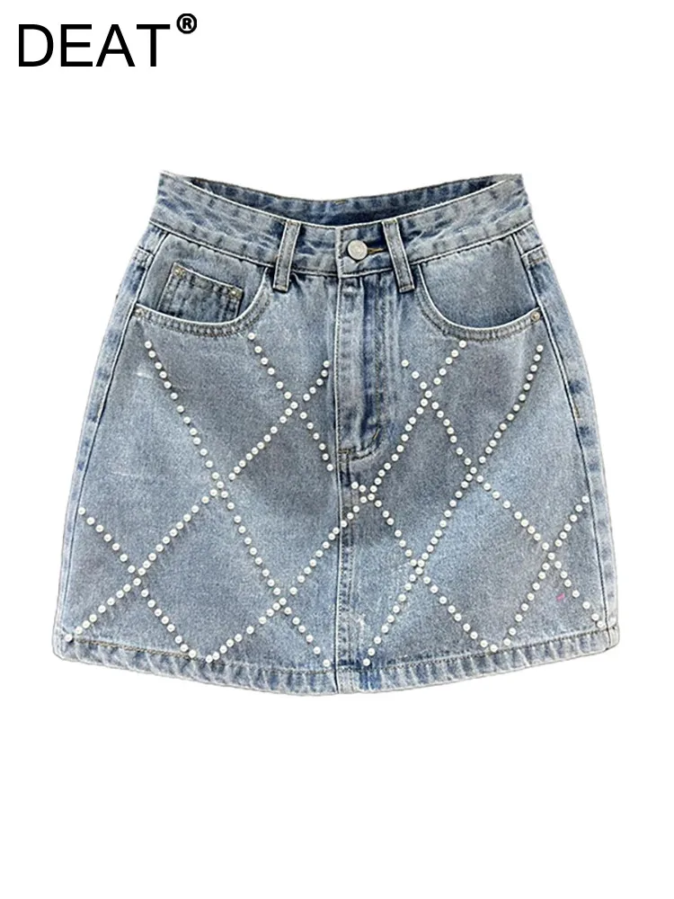 

DEAT Women's Denim Skirt High Waist Plaid Shape Pearls Wrap Hip Slim Embroidered Flares Short Skirts 2024 Summer New Fashion