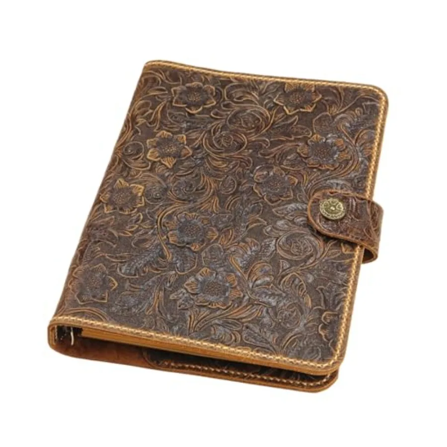 

Винтажный кожаный блокнот-ежедневник формата А5 с цветочным тиснением и держателем для ручки - персонализированный подарок для нее W10-LAXBS-1