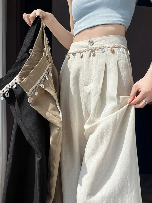 

Широкие брюки с высокой талией, женские свободные повседневные брюки из ледяного шелка и льна длиной до пола, лето 202, винтажные брюки для поездок на работу