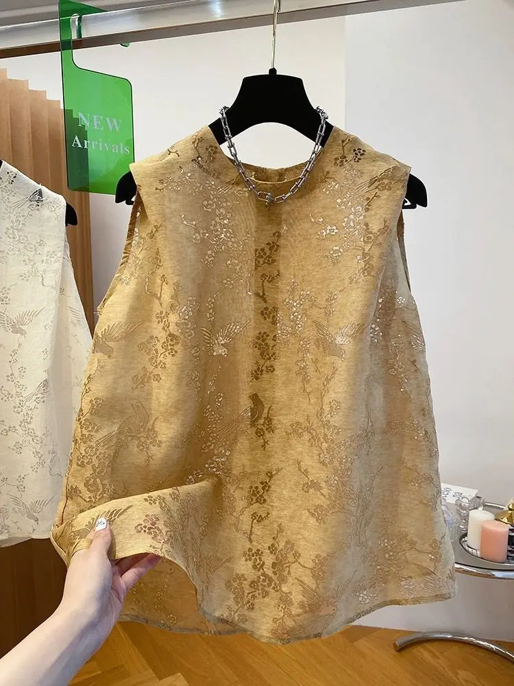 New Chinese Style O Neck Sleeveless Loose Women Camis Harajuku Summer Flower Hollow Out Vast Temperament All Match Clothes