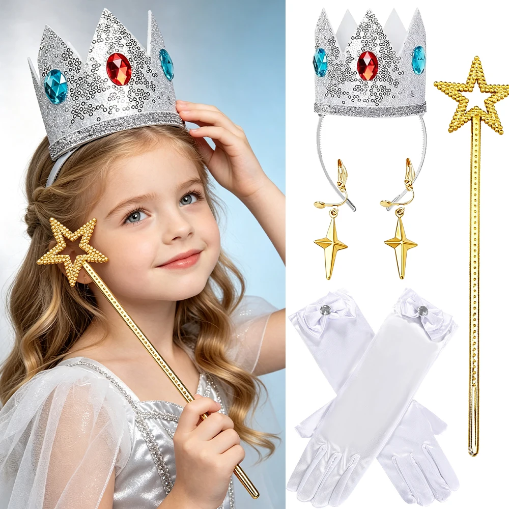 Silver Crown Tiara Star Wand for Little Girls Princess Dress Up Accessories Earrings White Gloves for Birthday Party Halloween